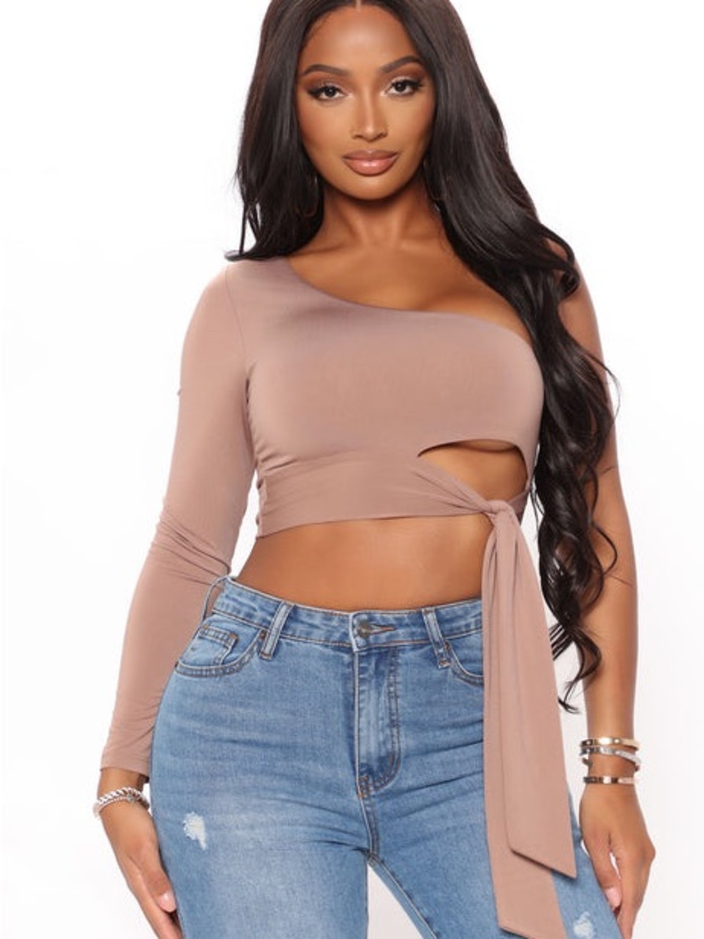 Fashion Nova One-Shoulder Tie-Waist Crop Top - Taupe S